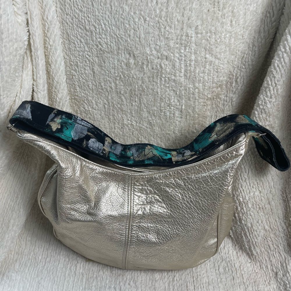 Katie Kelsi leather metallic gold hobo bag with leather suede multi color strap